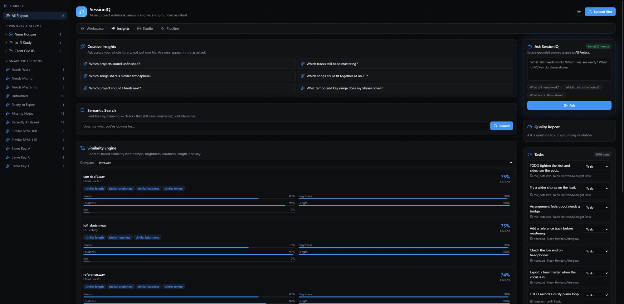 SessionIQ Insights: project search, track similarity and source-grounded assistant