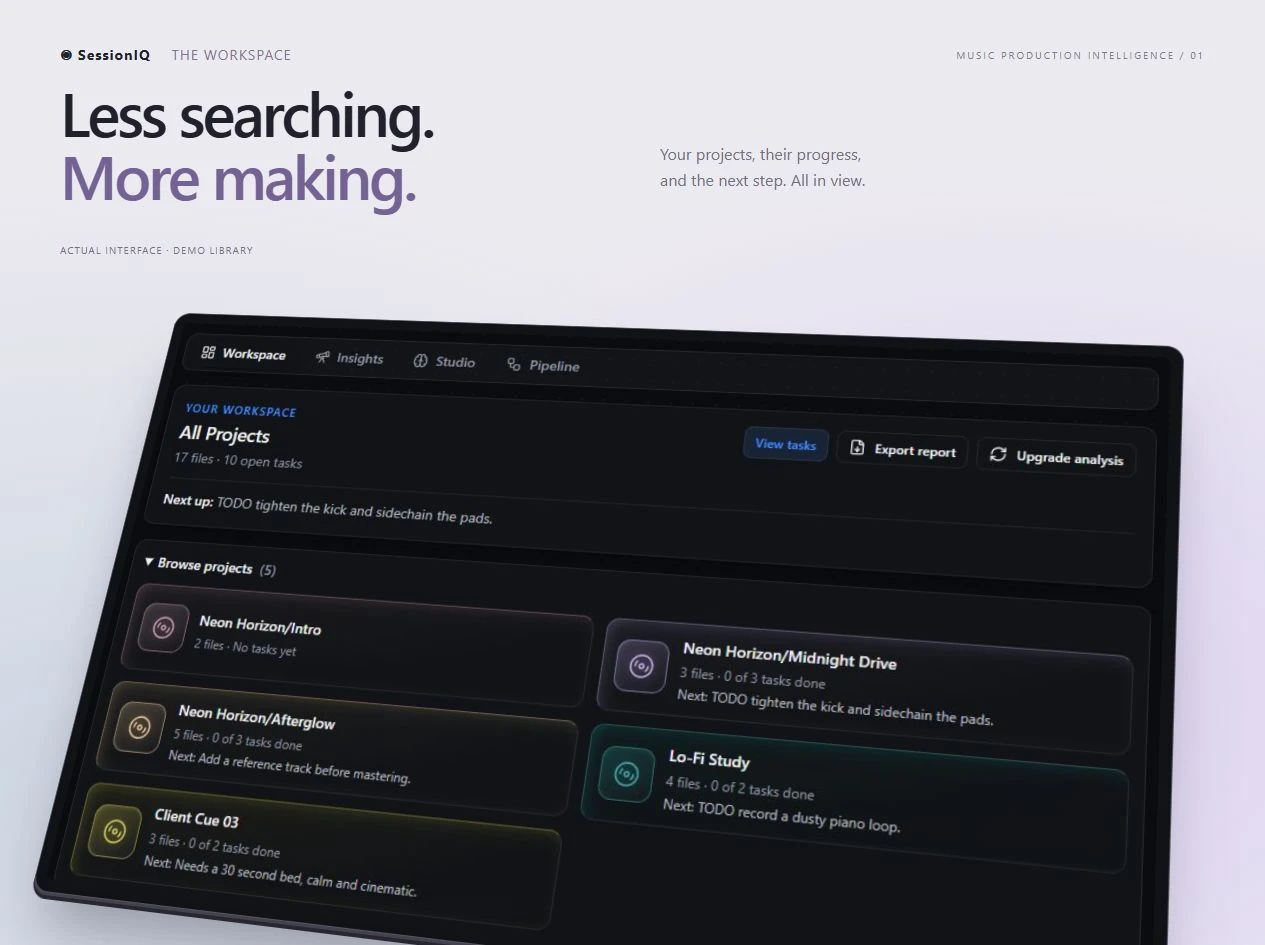 SessionIQ workspace presentation showing project cards