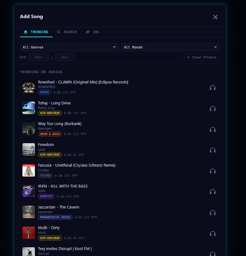 Audius music discovery with search, URL import and filters.